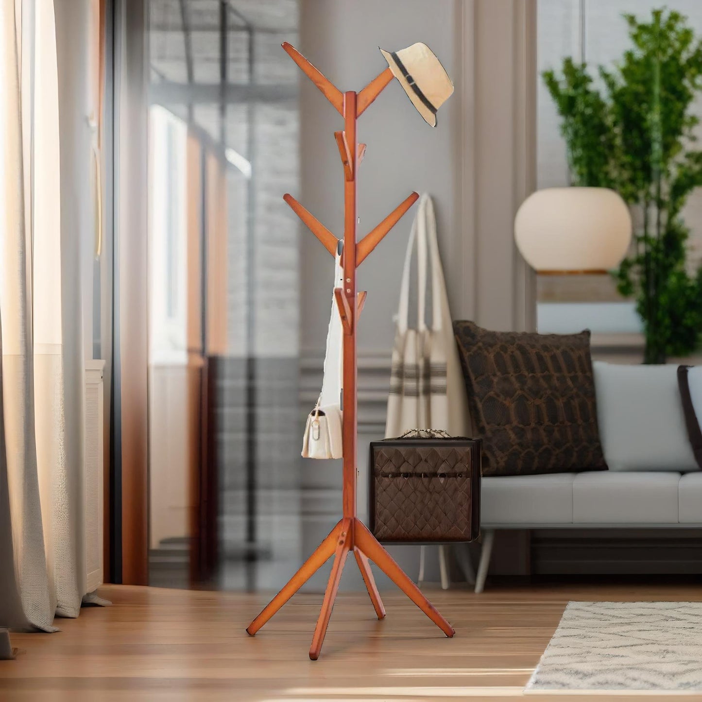 wooden coat stand with 8 hooks white