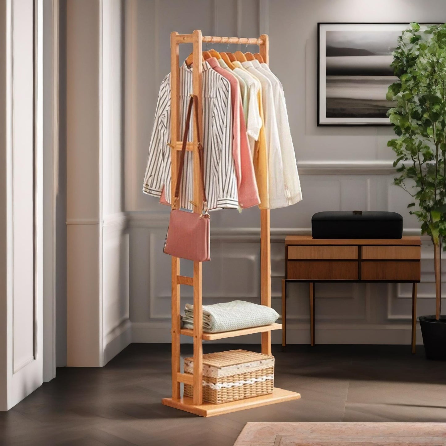 narrow bamboo clothes rail with 2 shelves