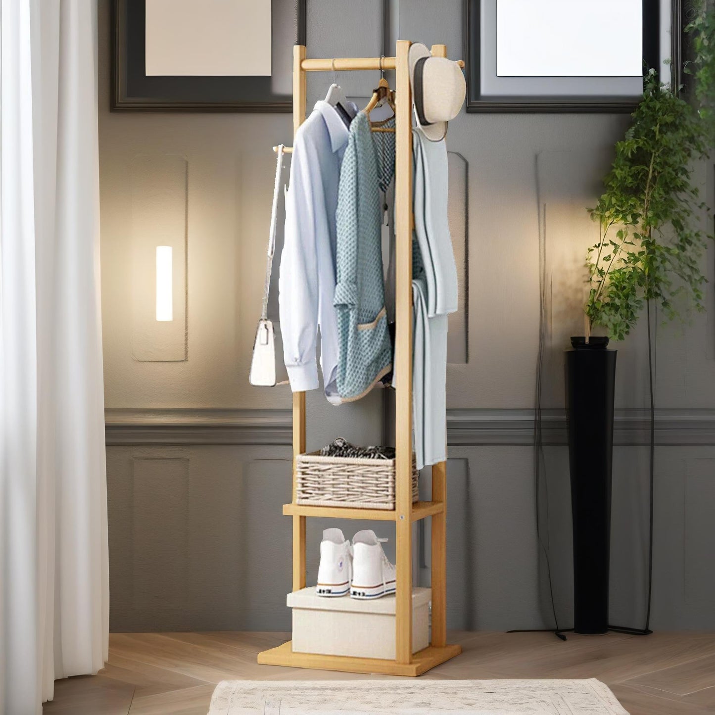 narrow bamboo clothes rail with 2 shelves