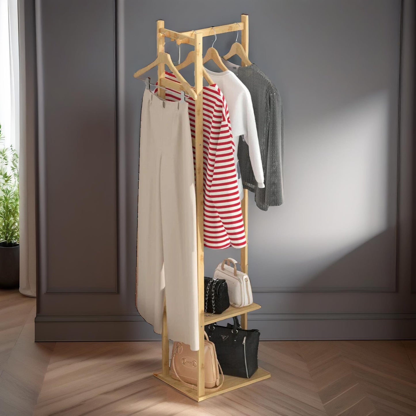 narrow bamboo clothes rail with 2 shelves