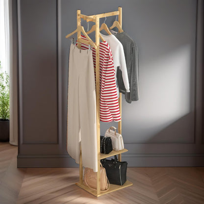 Narrow Bamboo Clothes Rail With 2 Shelves