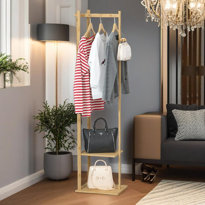 Narrow Bamboo Clothes Rail With 2 Shelves