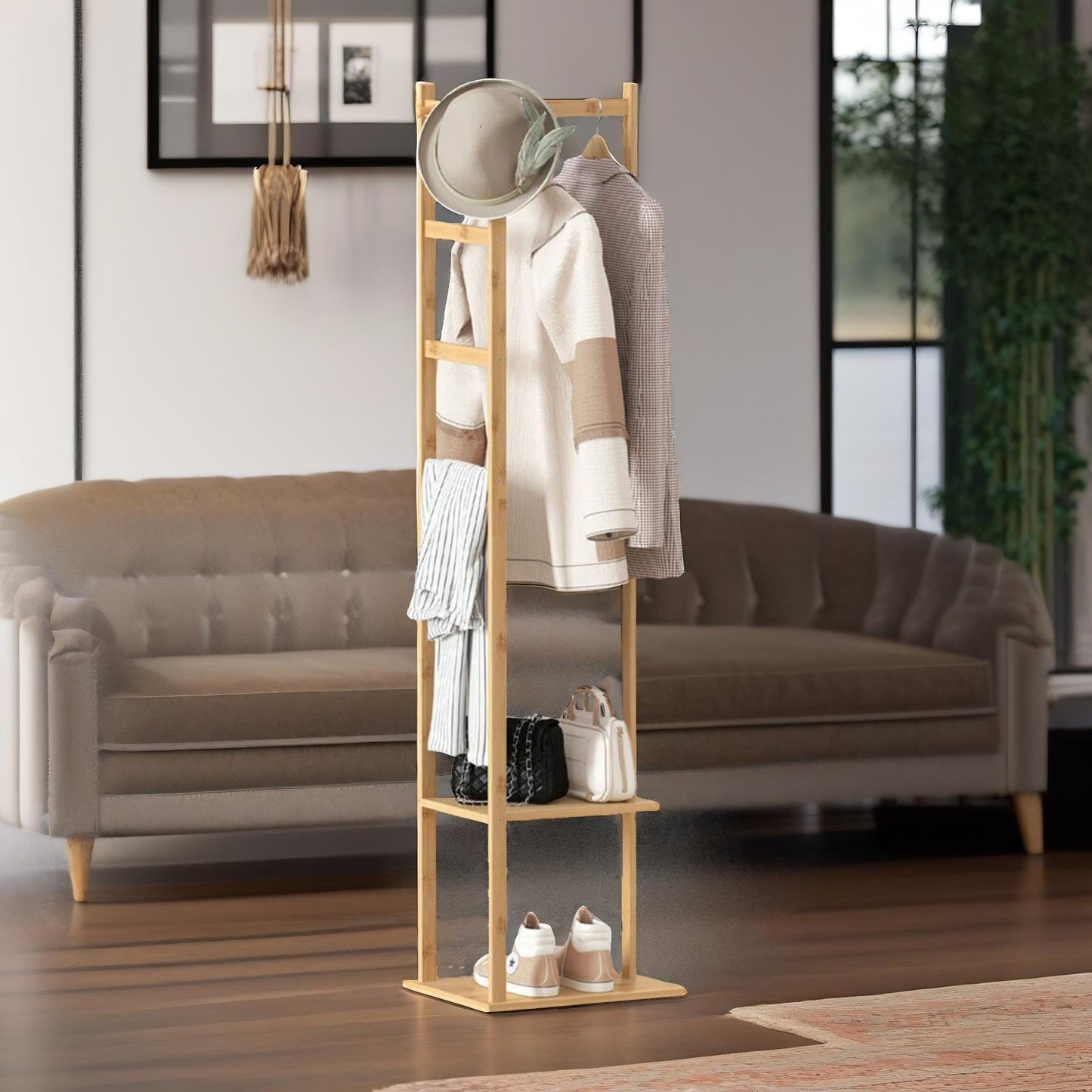 narrow bamboo clothes rail with 2 shelves