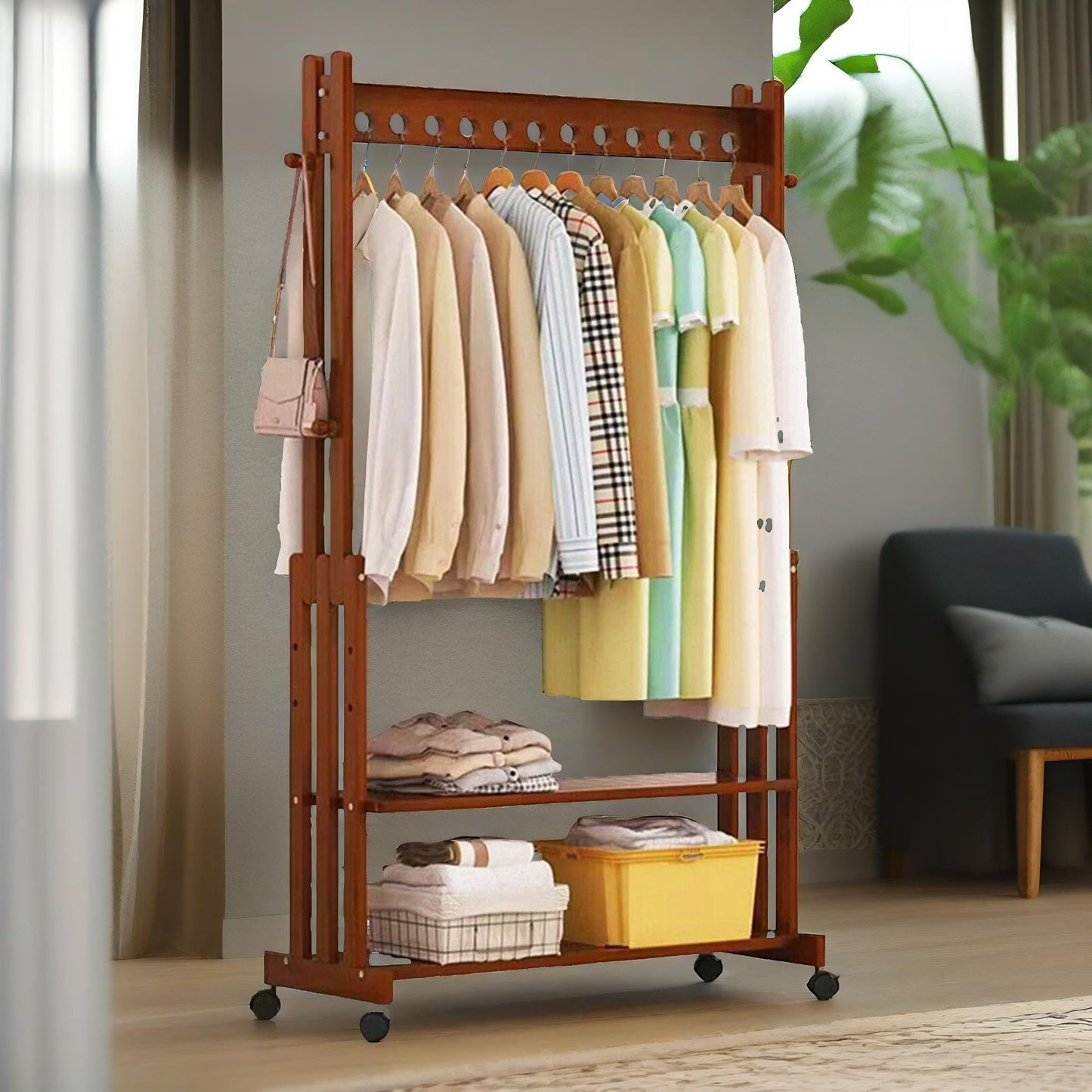 bamboo clothes rail with shelves & wheels walnut brown