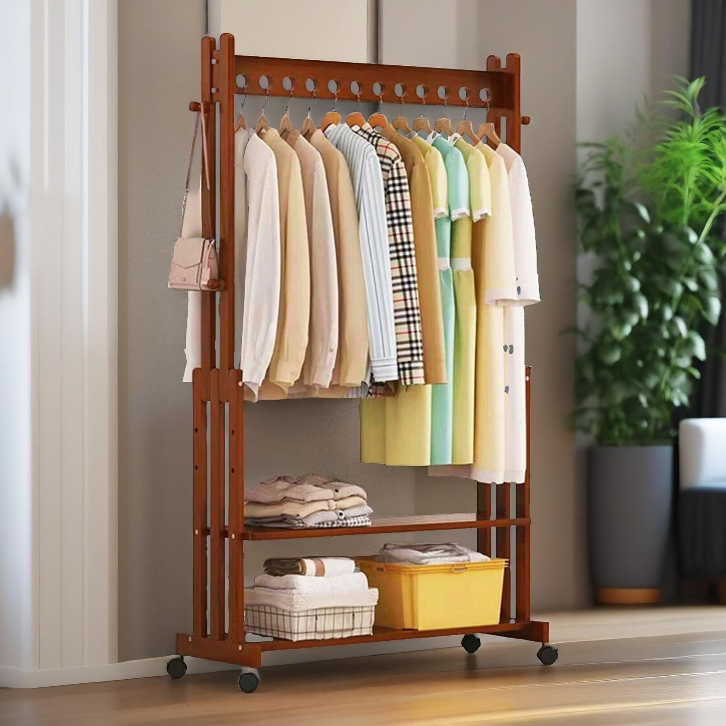 bamboo clothes rail with shelves & wheels walnut brown