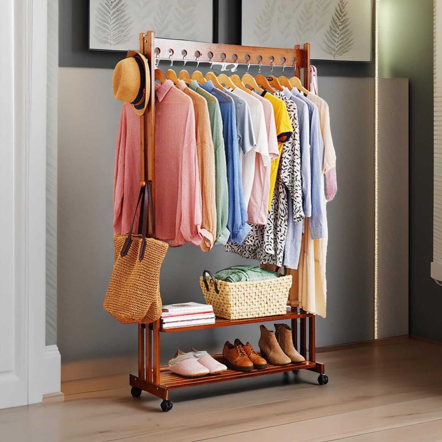 bamboo clothes rail with shelves & wheels walnut brown