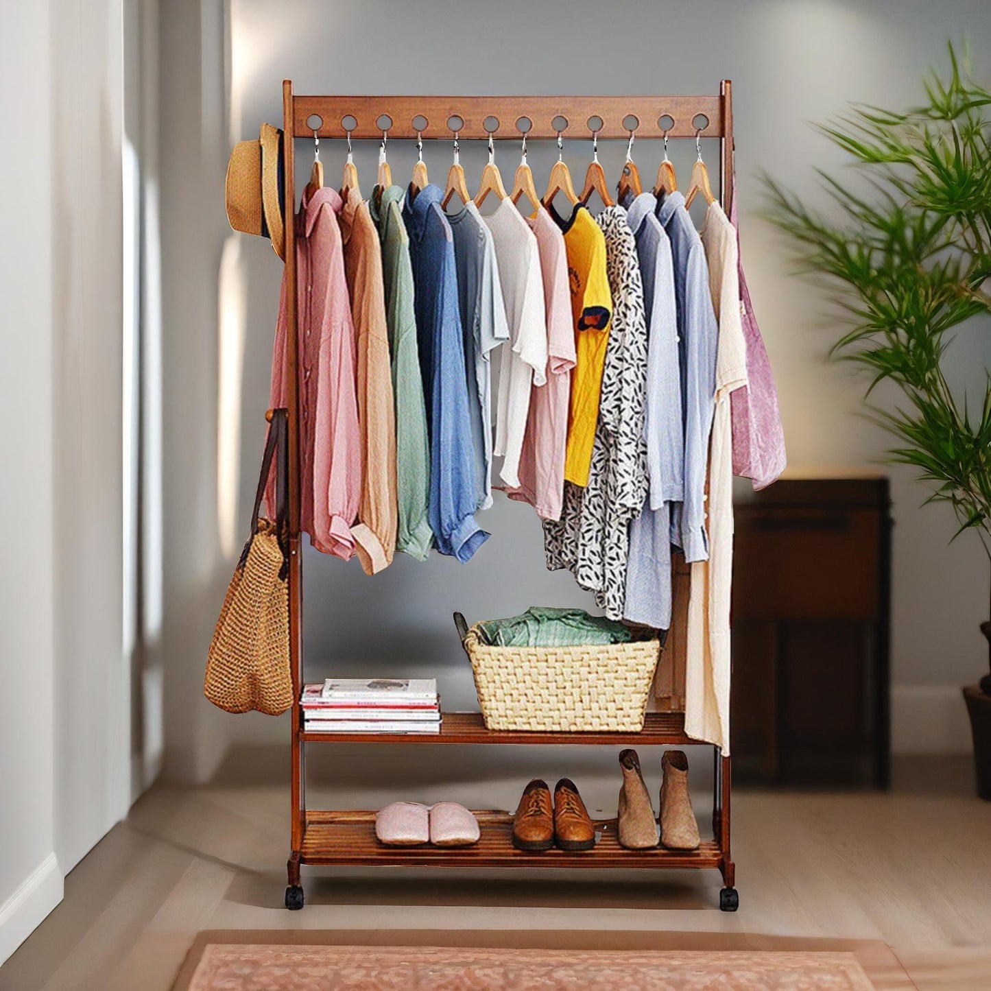 bamboo clothes rail with shelves & wheels walnut brown