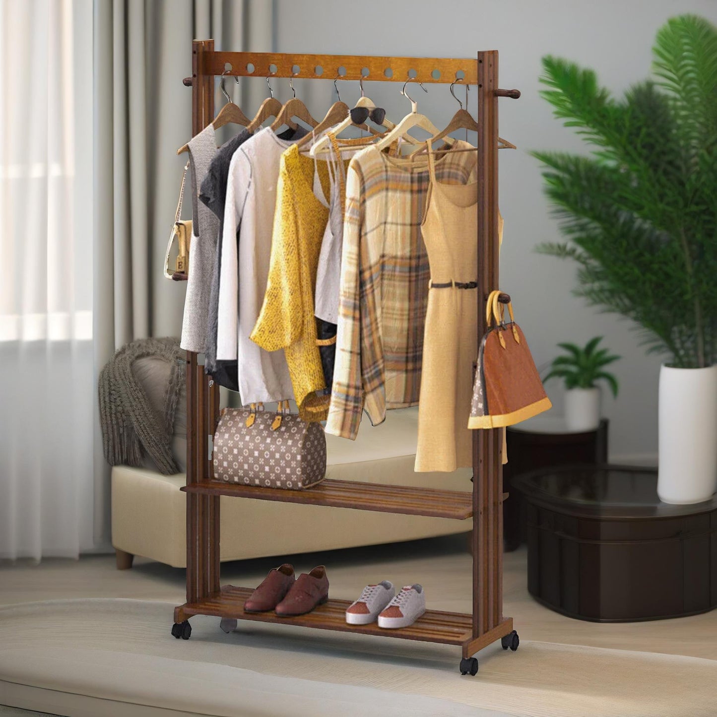 bamboo clothes rail with shelves & wheels walnut brown