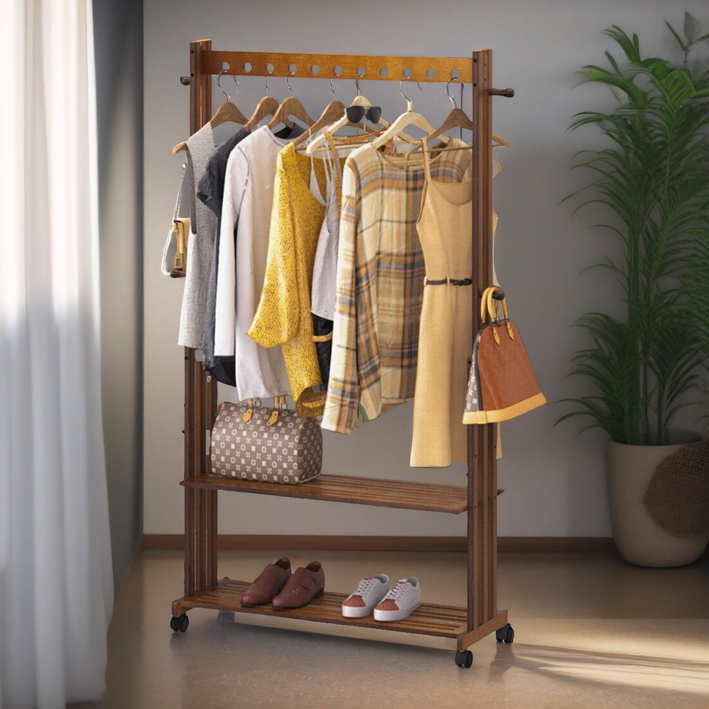 bamboo clothes rail with shelves & wheels walnut brown