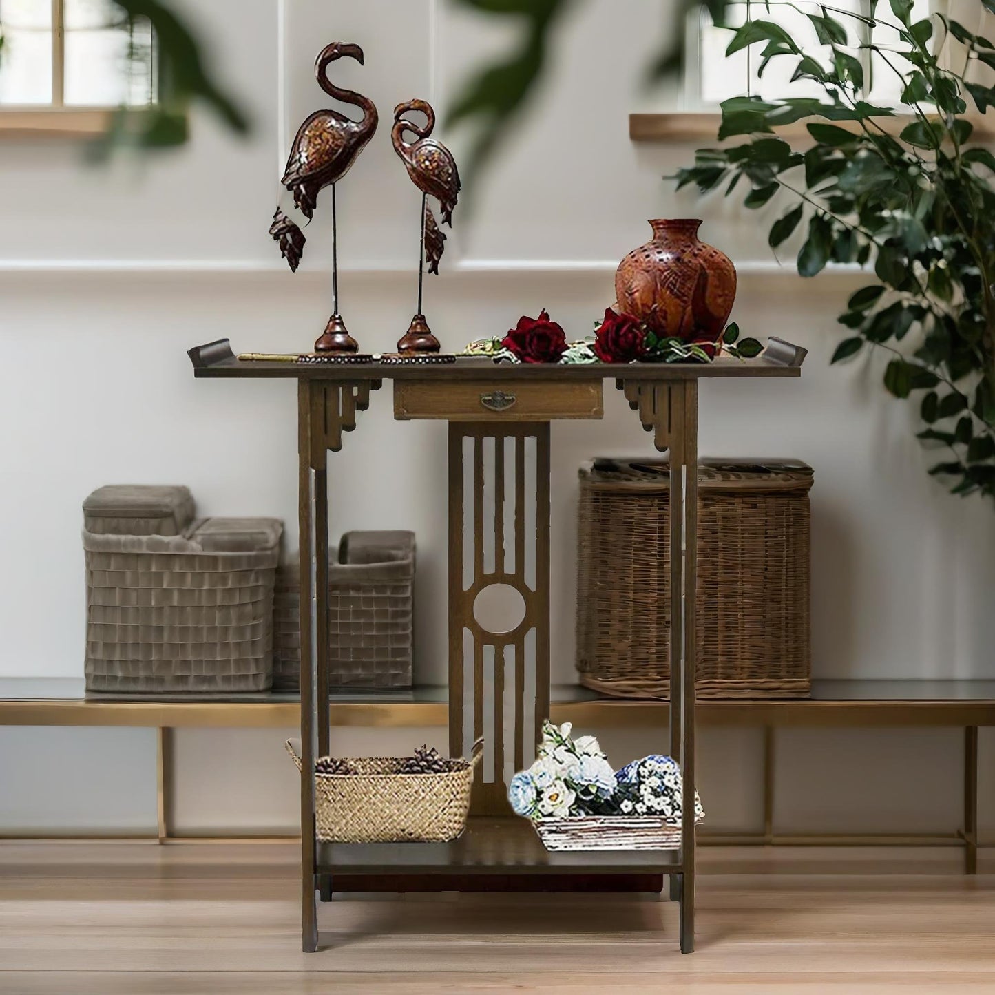 bamboo slim console table with shelf and drawer