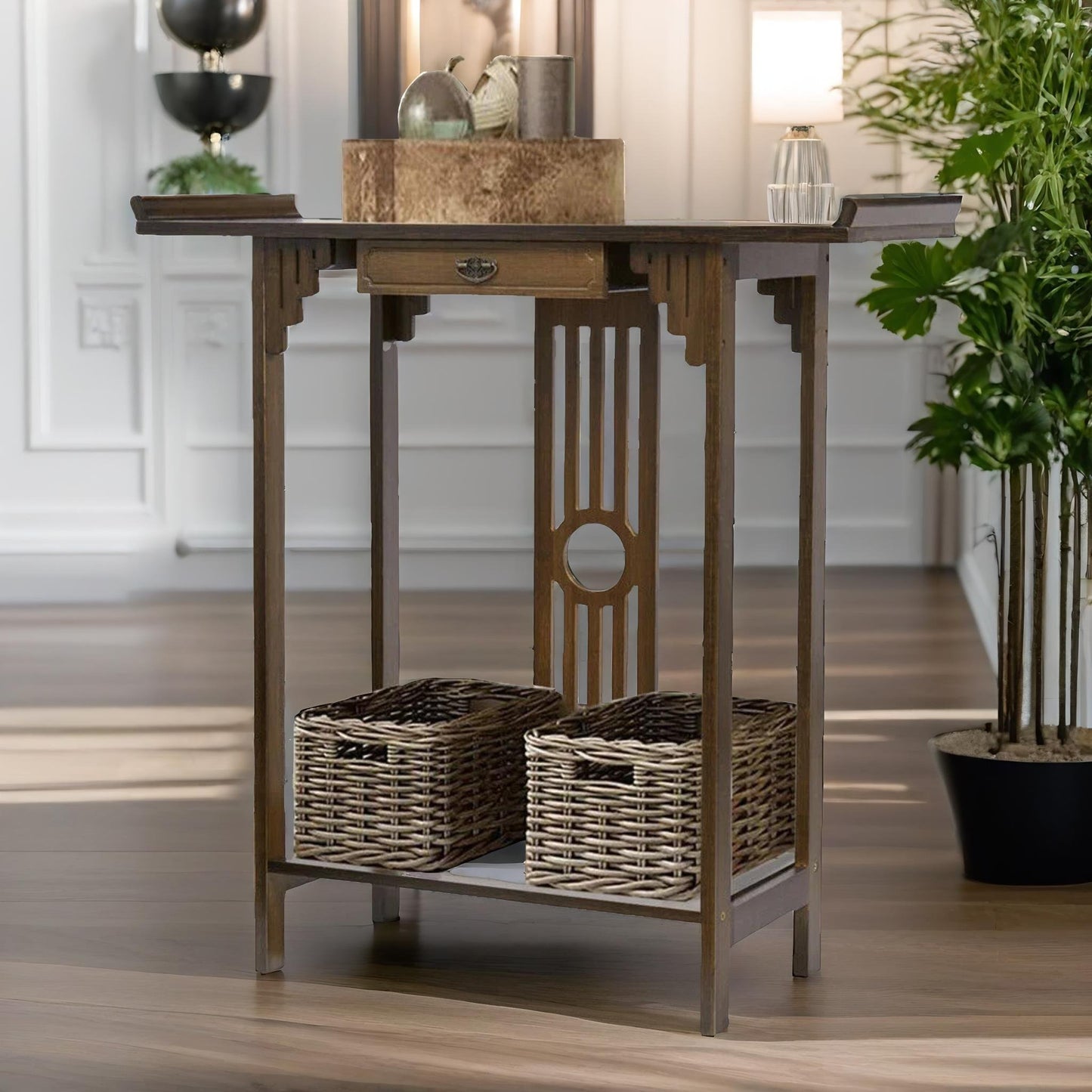 bamboo slim console table with shelf and drawer