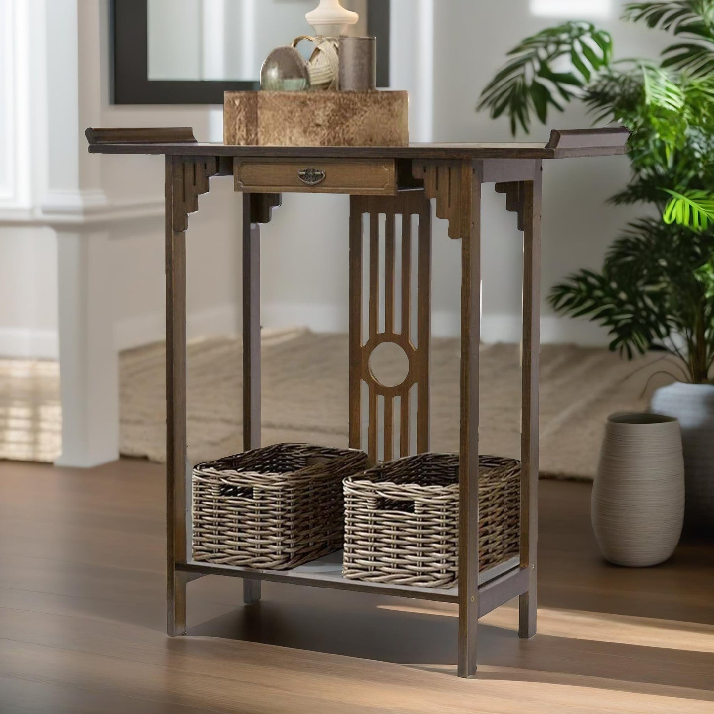 bamboo slim console table with shelf and drawer