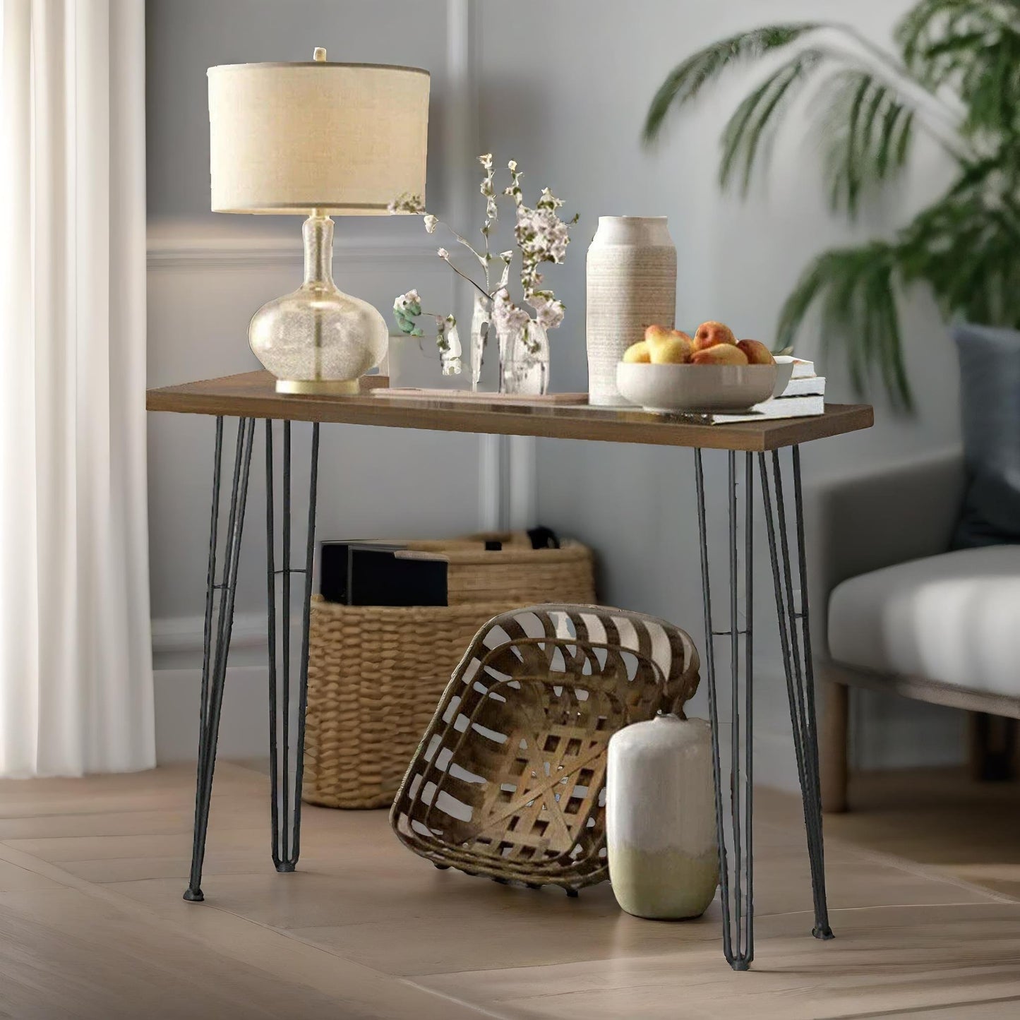 industrial console table with metal hairpin legs