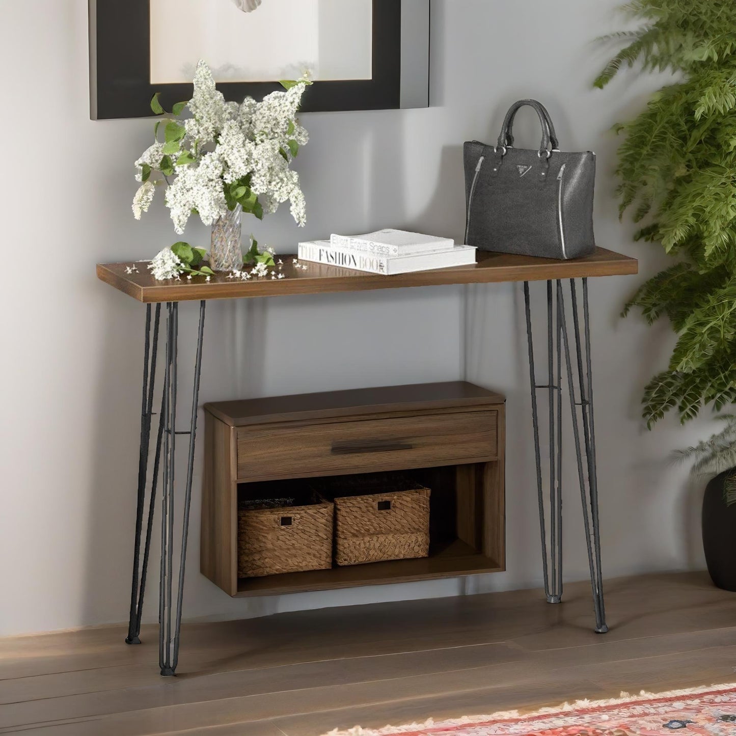 industrial console table with metal hairpin legs