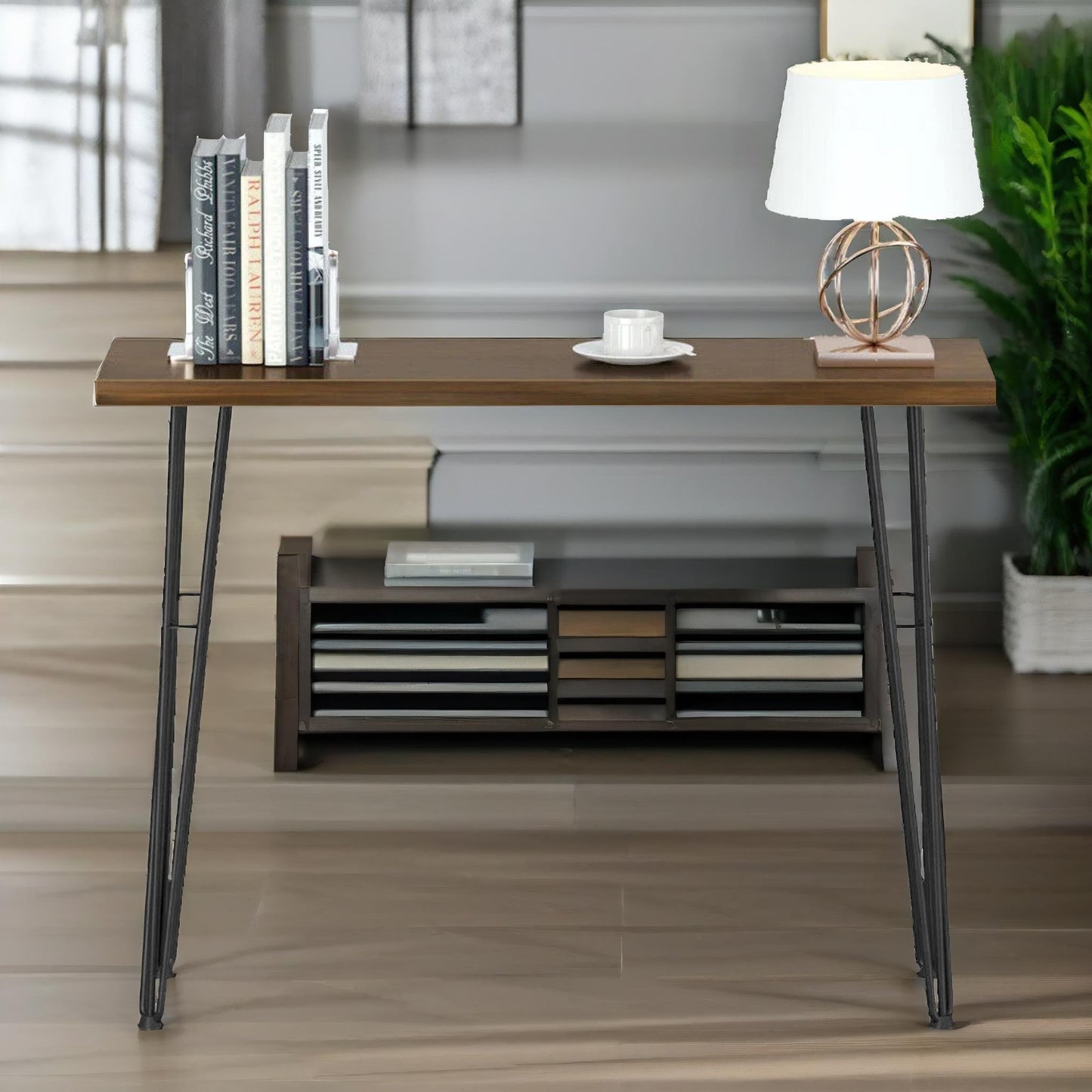 industrial console table with metal hairpin legs