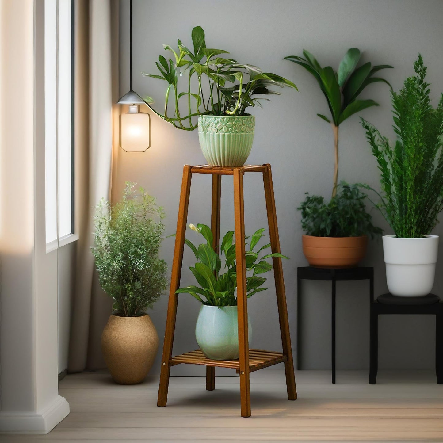 bamboo 2 tier indoor outdoor plant stand