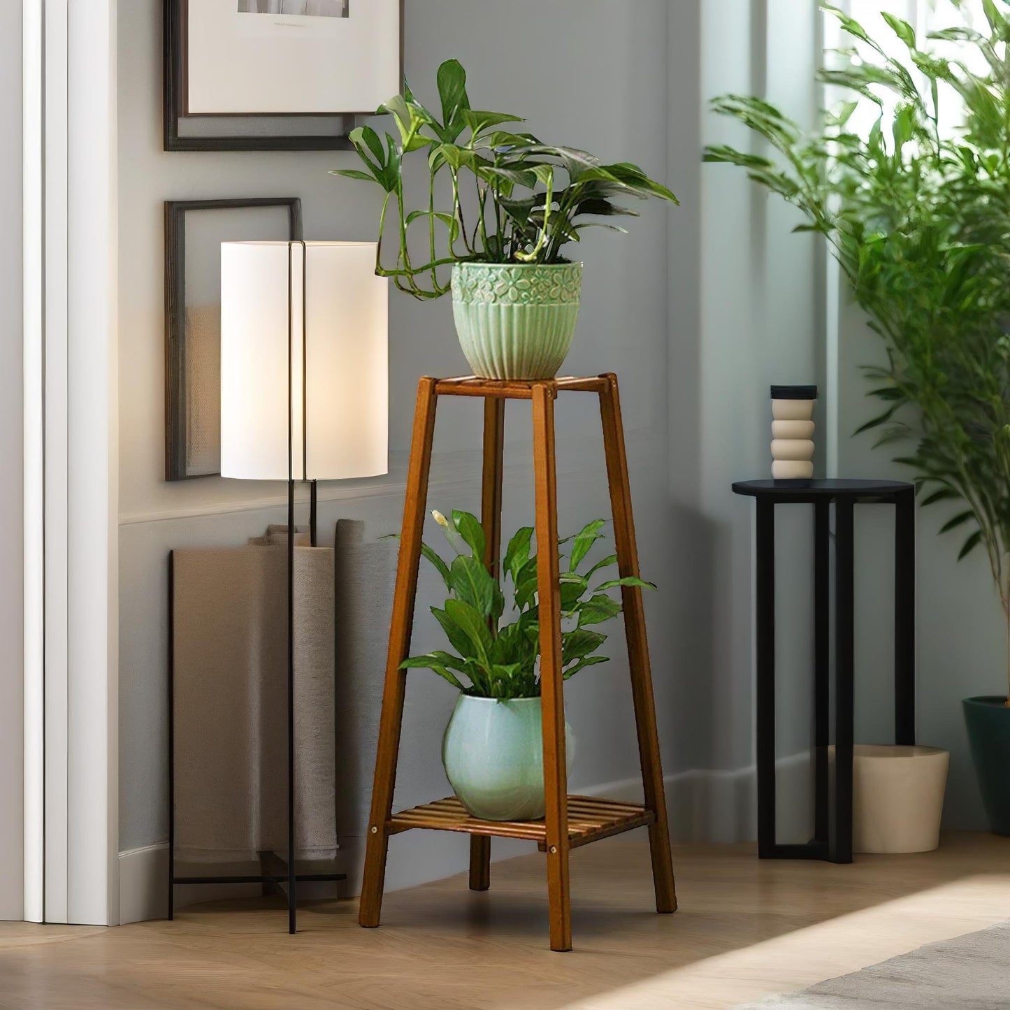 bamboo 2 tier indoor outdoor plant stand