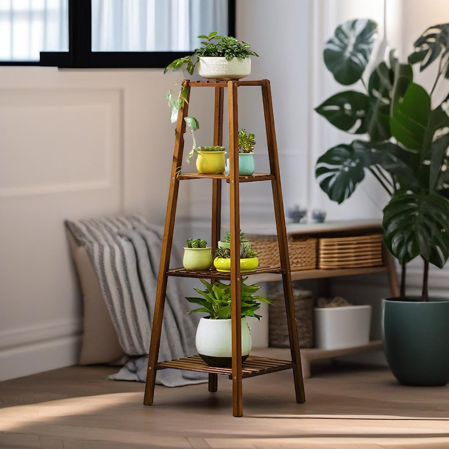 bamboo 4 tier indoor outdoor plant stand