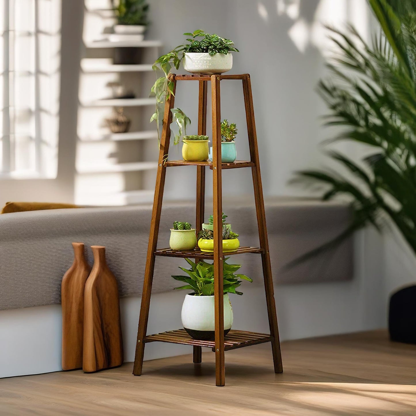 bamboo 4 tier indoor outdoor plant stand