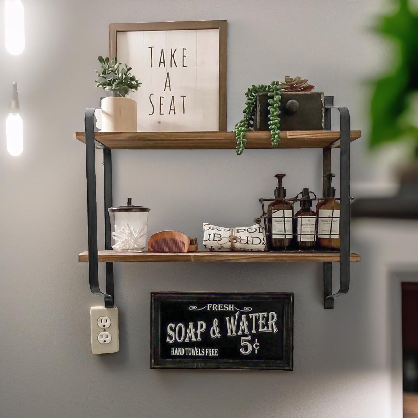 industrial 2 tier wooden floating shelf