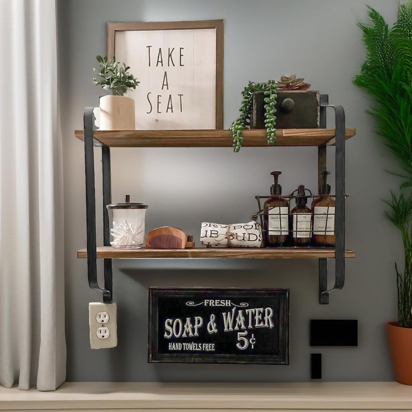 industrial 2 tier wooden floating shelf