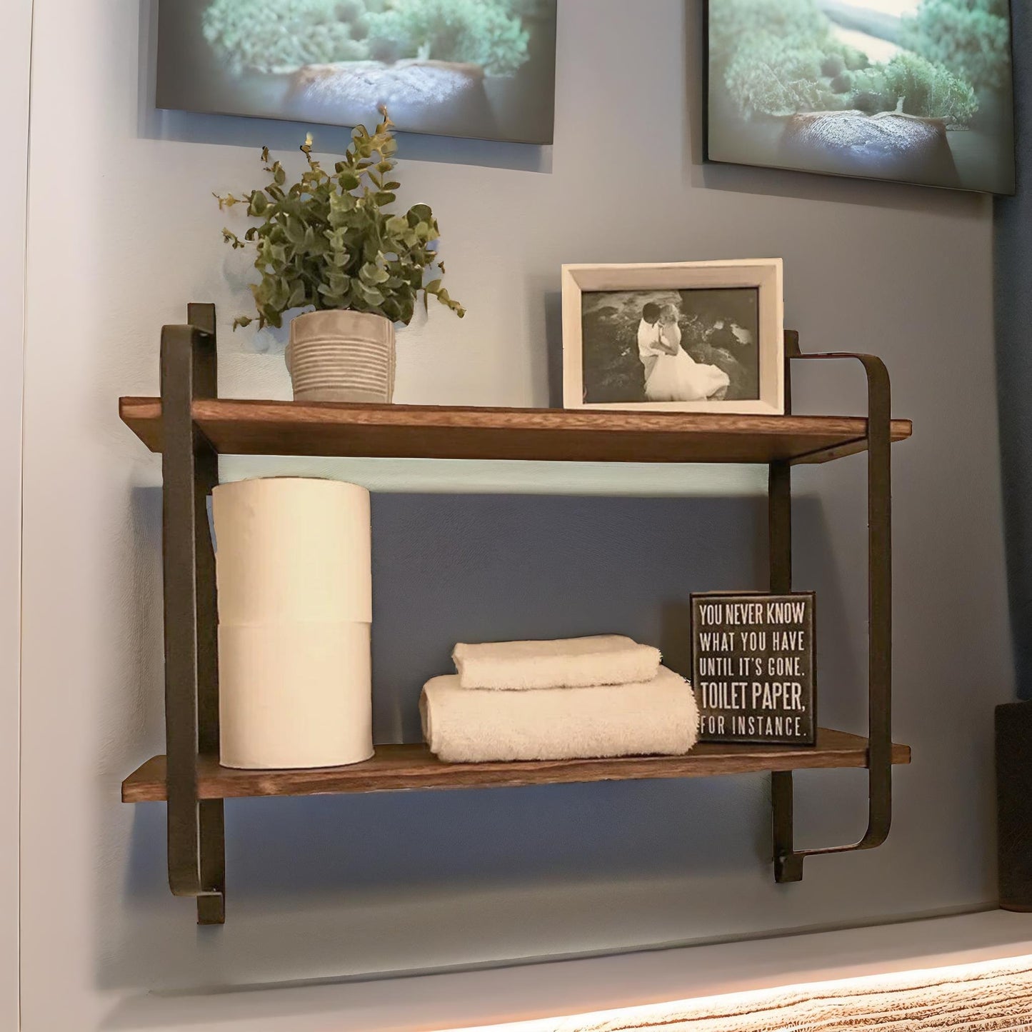 industrial 2 tier wooden floating shelf