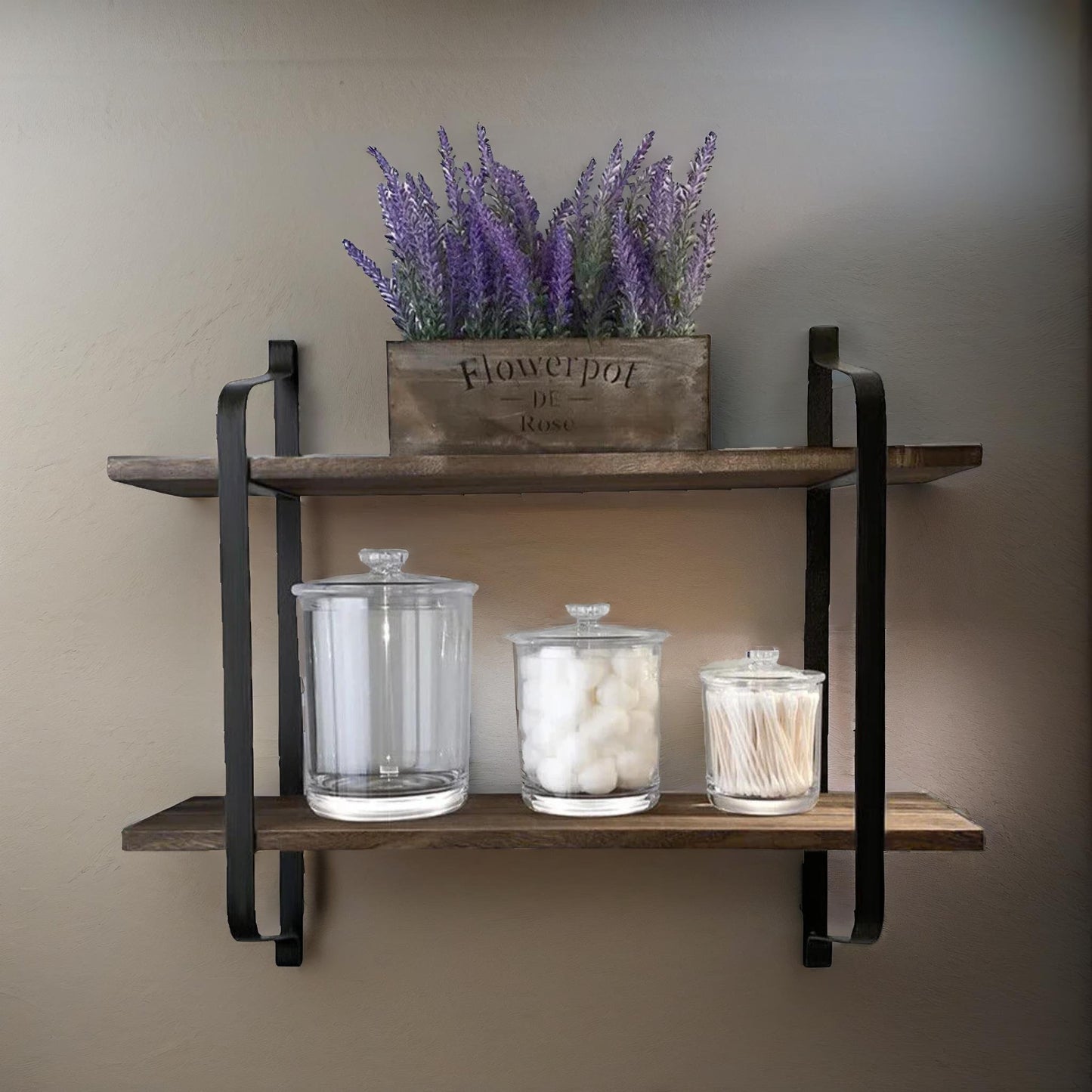 industrial 2 tier wooden floating shelf