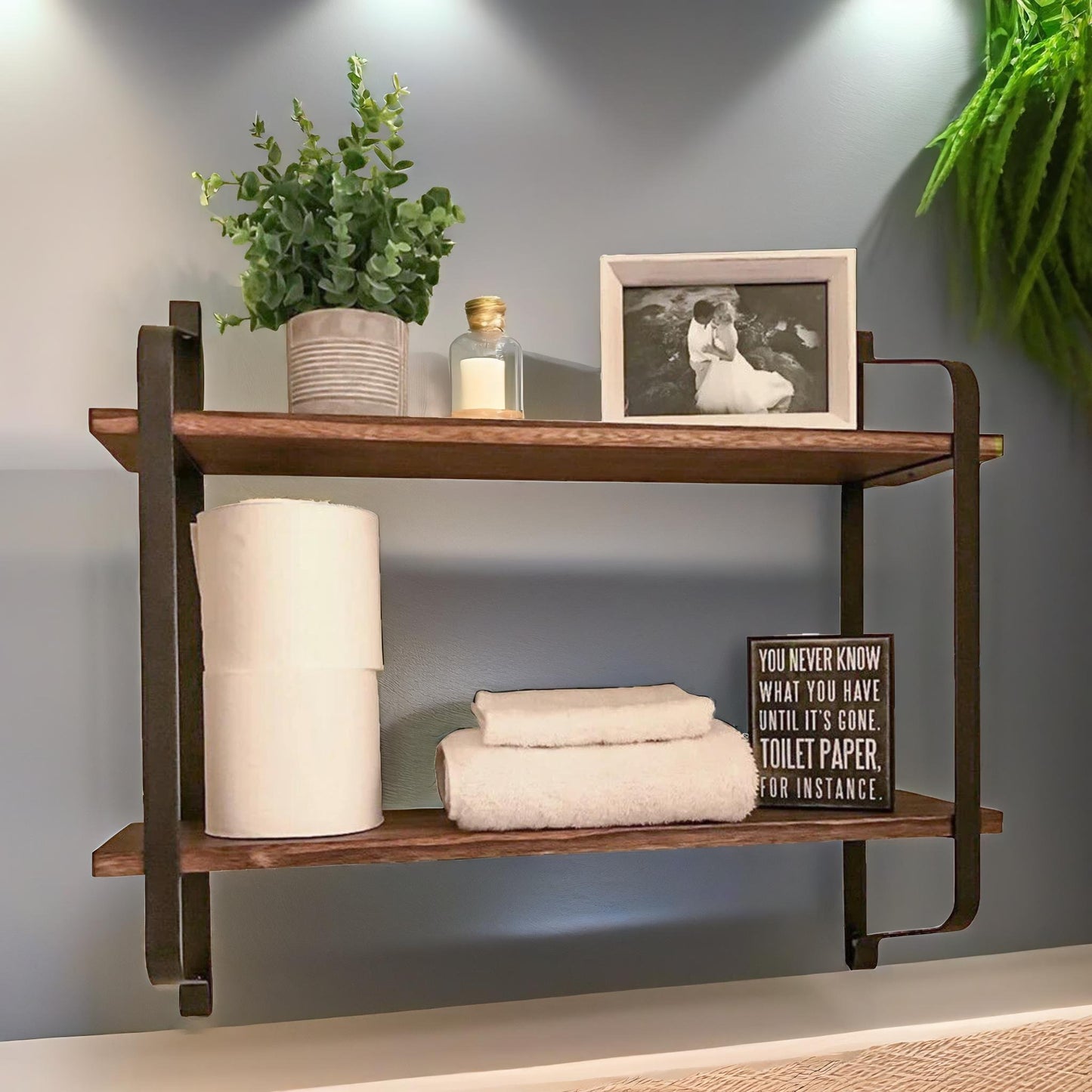 industrial 2 tier wooden floating shelf