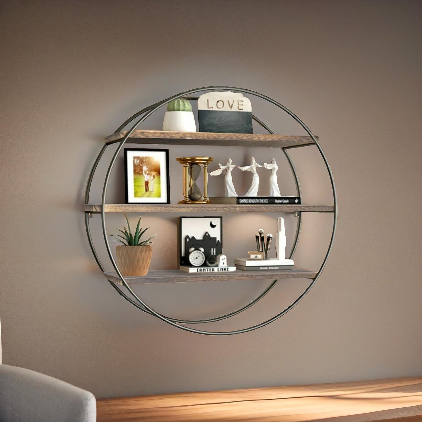 industrial wooden 3 tier round floating shelf