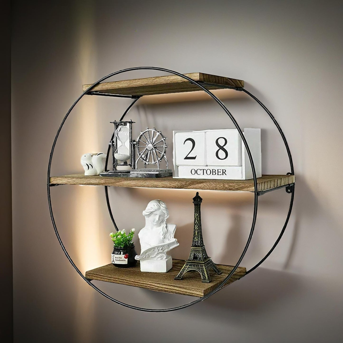 industrial wooden 3 tier round floating shelf