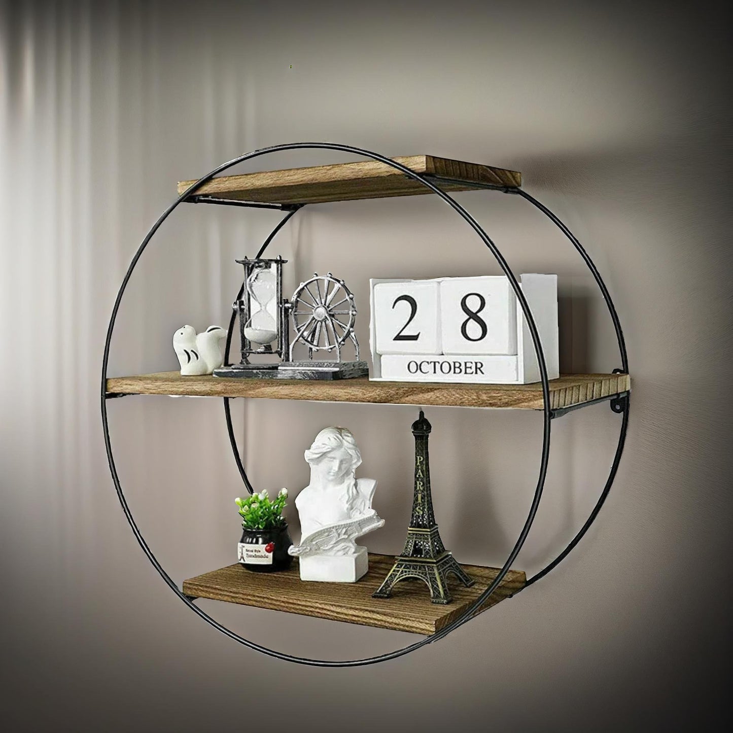 industrial wooden 3 tier round floating shelf