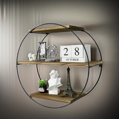 Industrial Wooden 3 Tier Round Floating Shelf