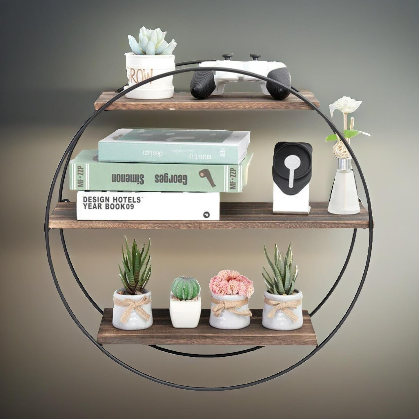 industrial wooden 3 tier round floating shelf