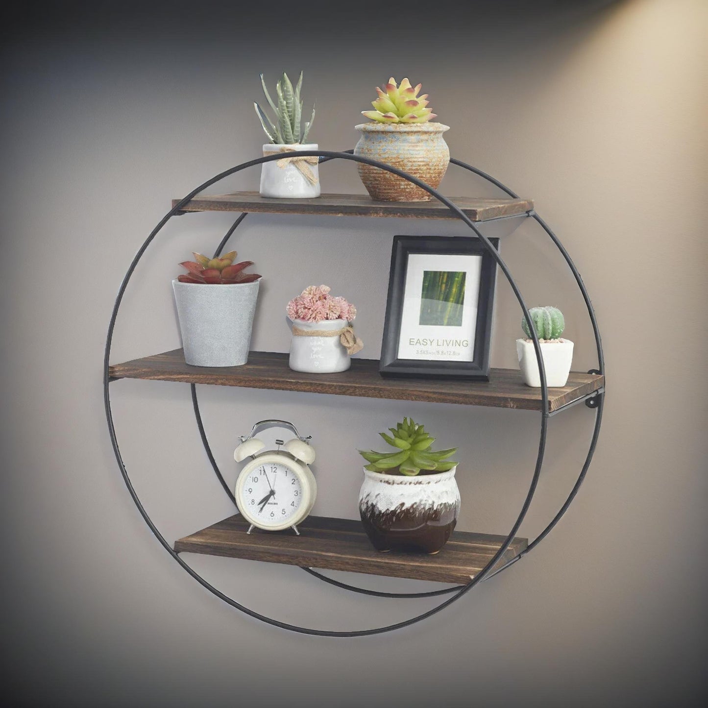 industrial wooden 3 tier round floating shelf