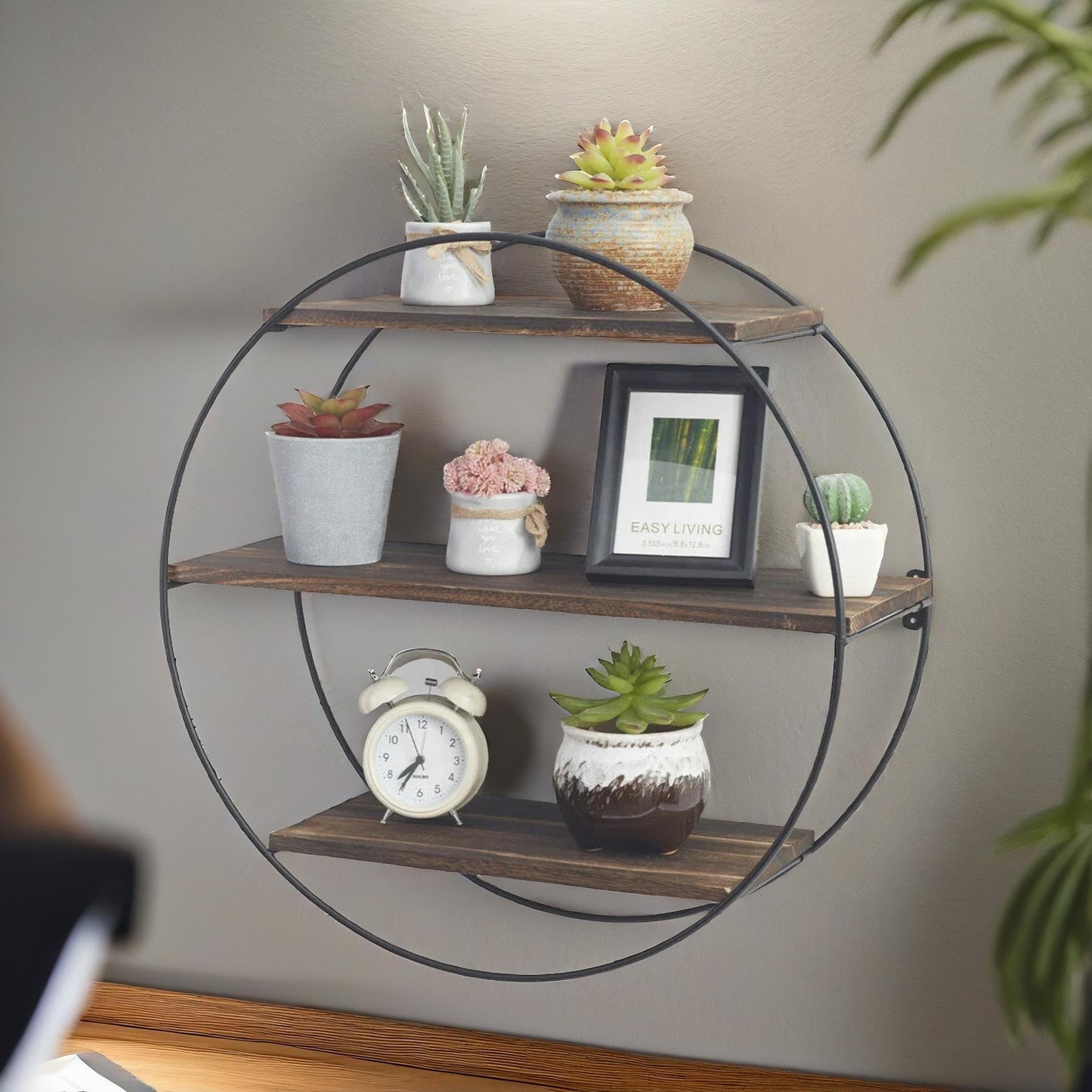 industrial wooden 3 tier round floating shelf