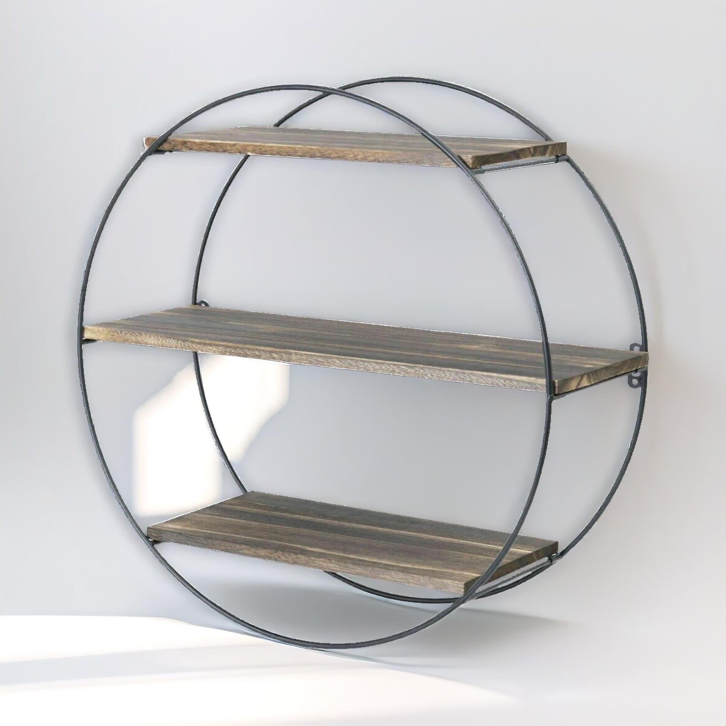 industrial wooden 3 tier round floating shelf