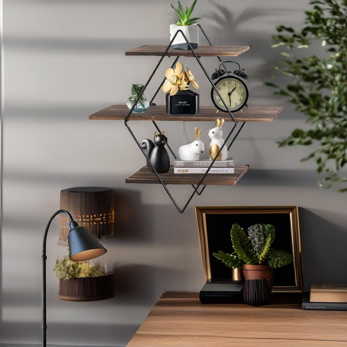 industrial 3 tier wooden diamond shape floating shelf