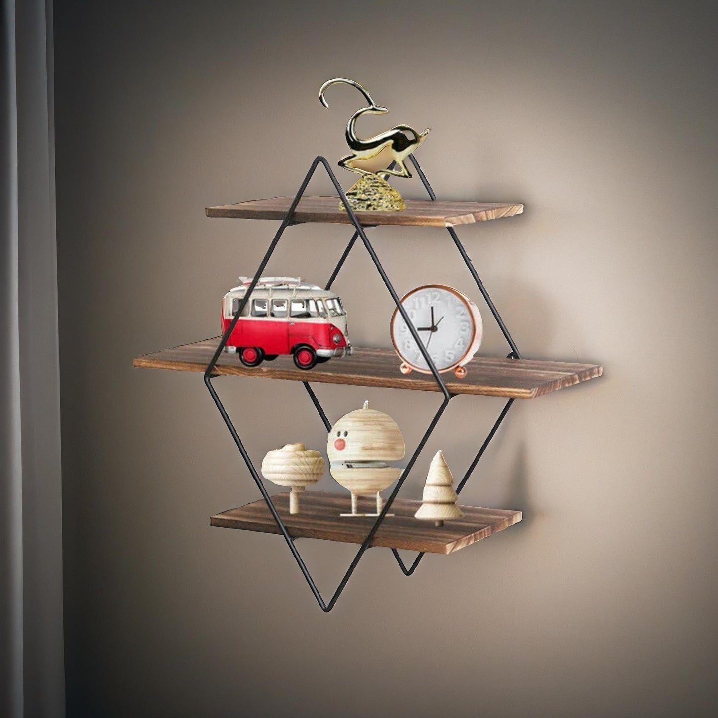 industrial 3 tier wooden diamond shape floating shelf