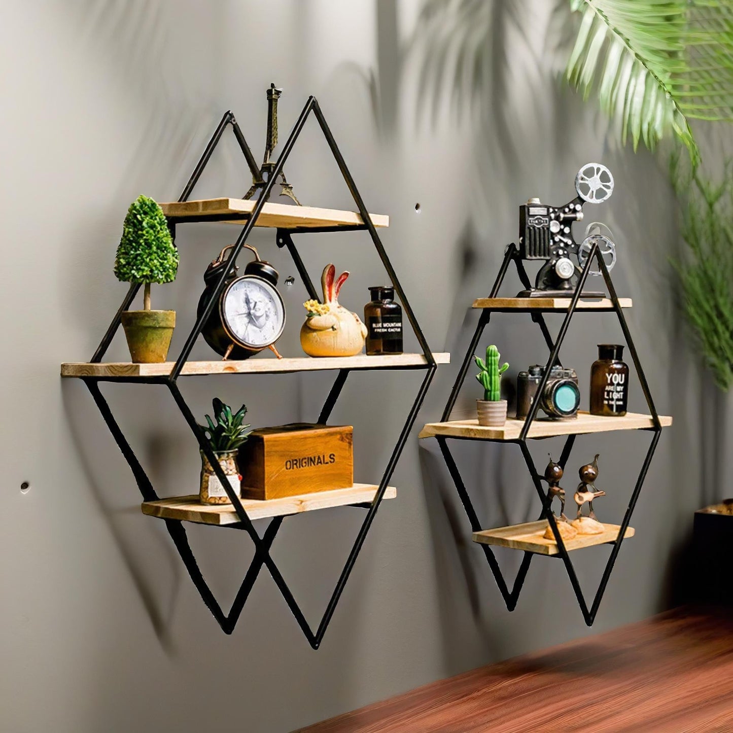 industrial 3 tier wooden diamond shape floating shelf