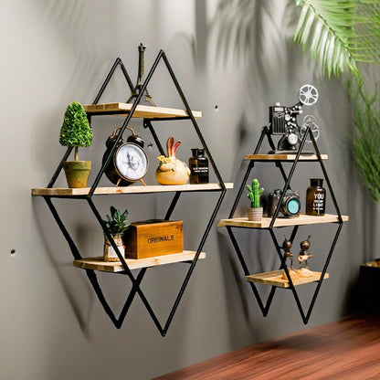 Industrial 3 Tier Wooden Diamond Shape Floating Shelf