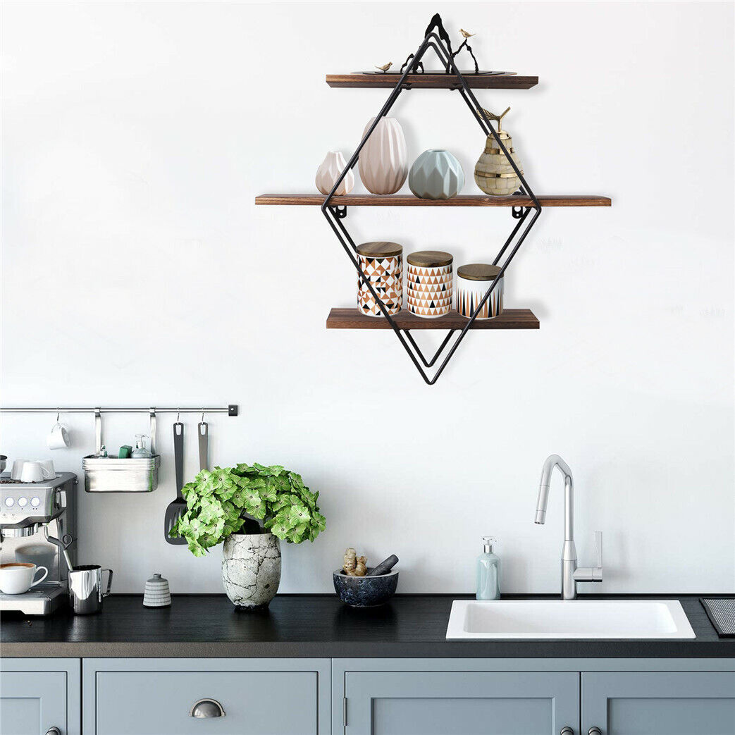 industrial 3 tier wooden diamond shape floating shelf