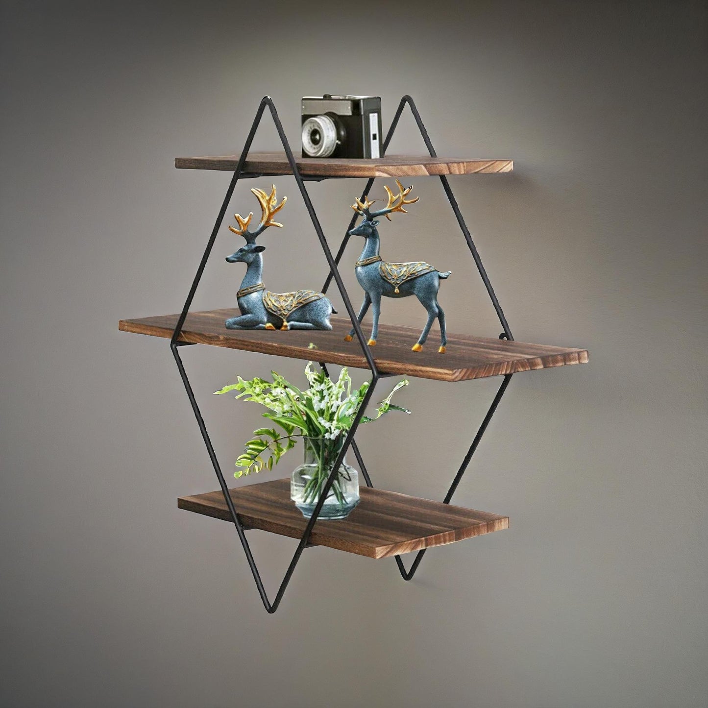 industrial 3 tier wooden diamond shape floating shelf