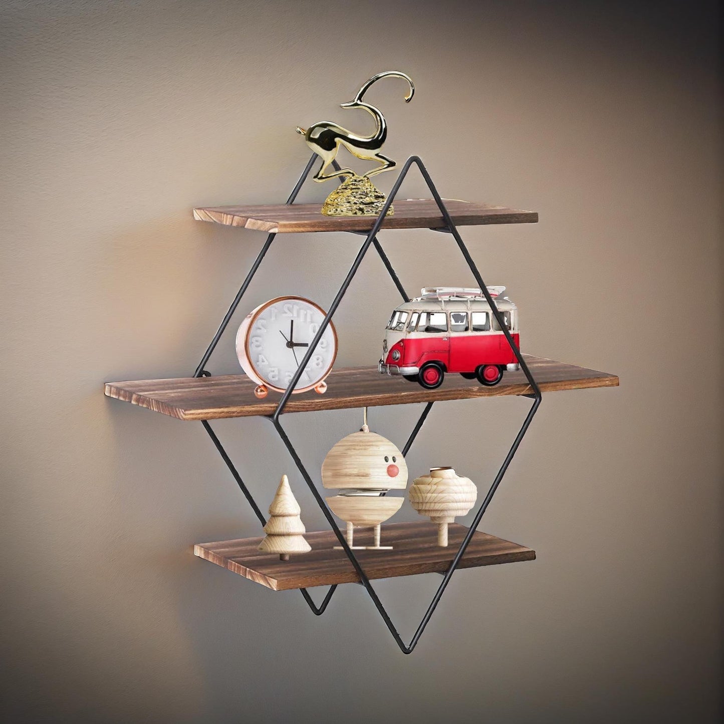 industrial 3 tier wooden diamond shape floating shelf