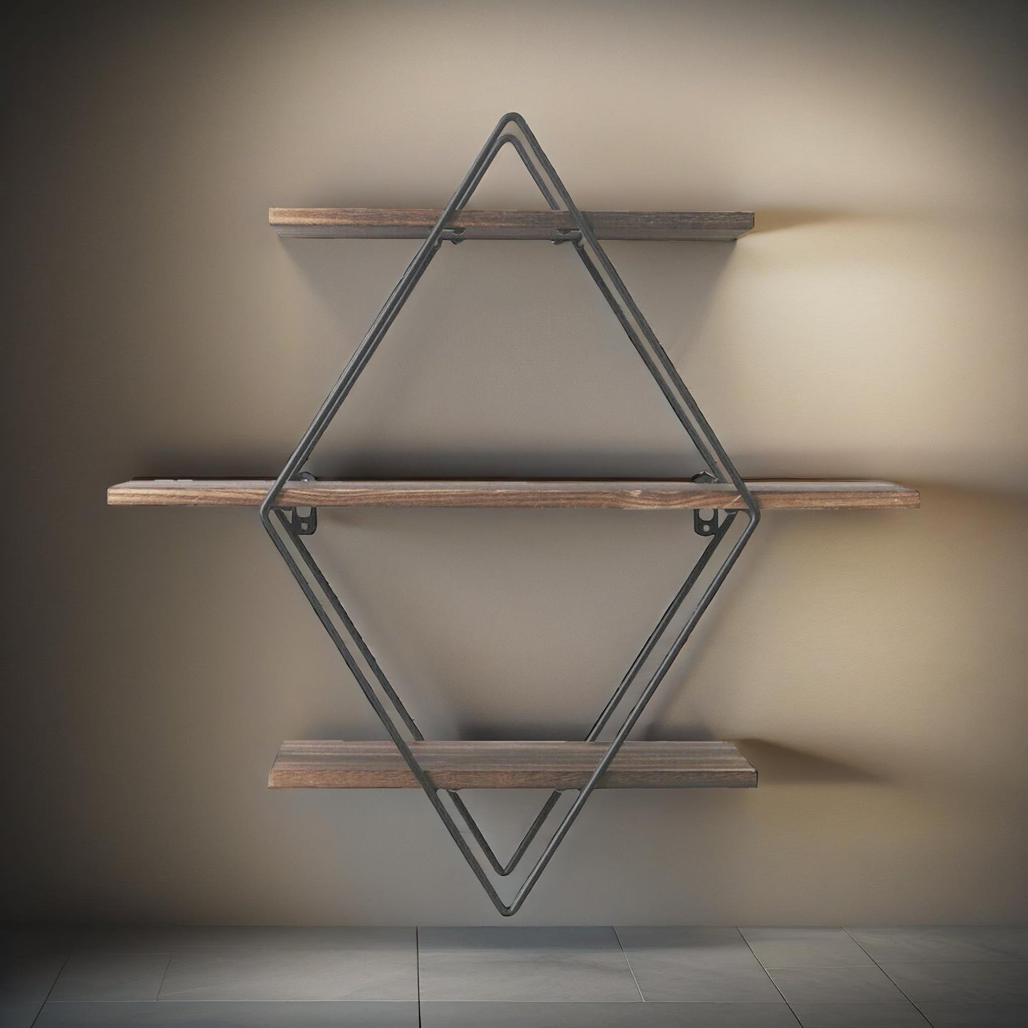 industrial 3 tier wooden diamond shape floating shelf