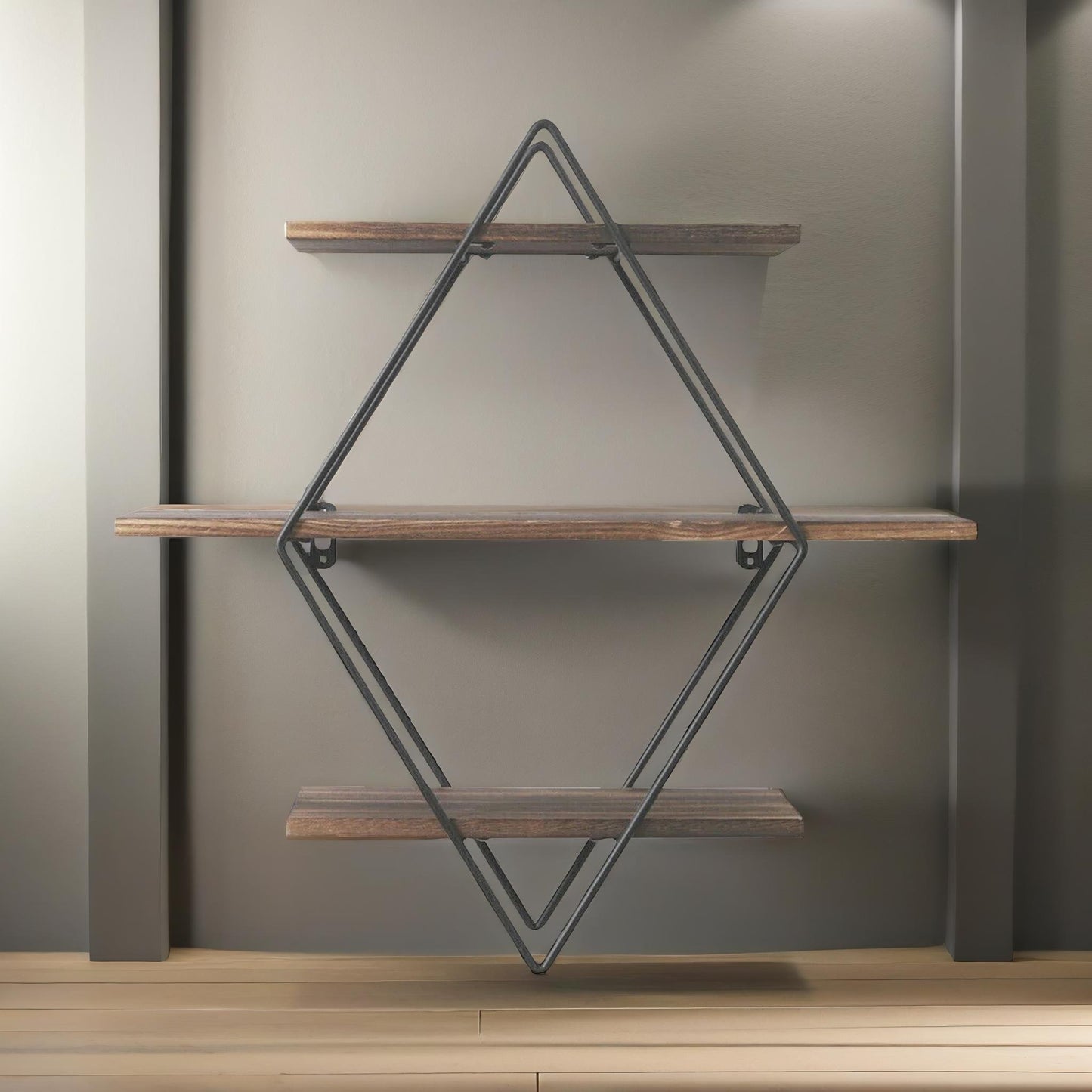 industrial 3 tier wooden diamond shape floating shelf