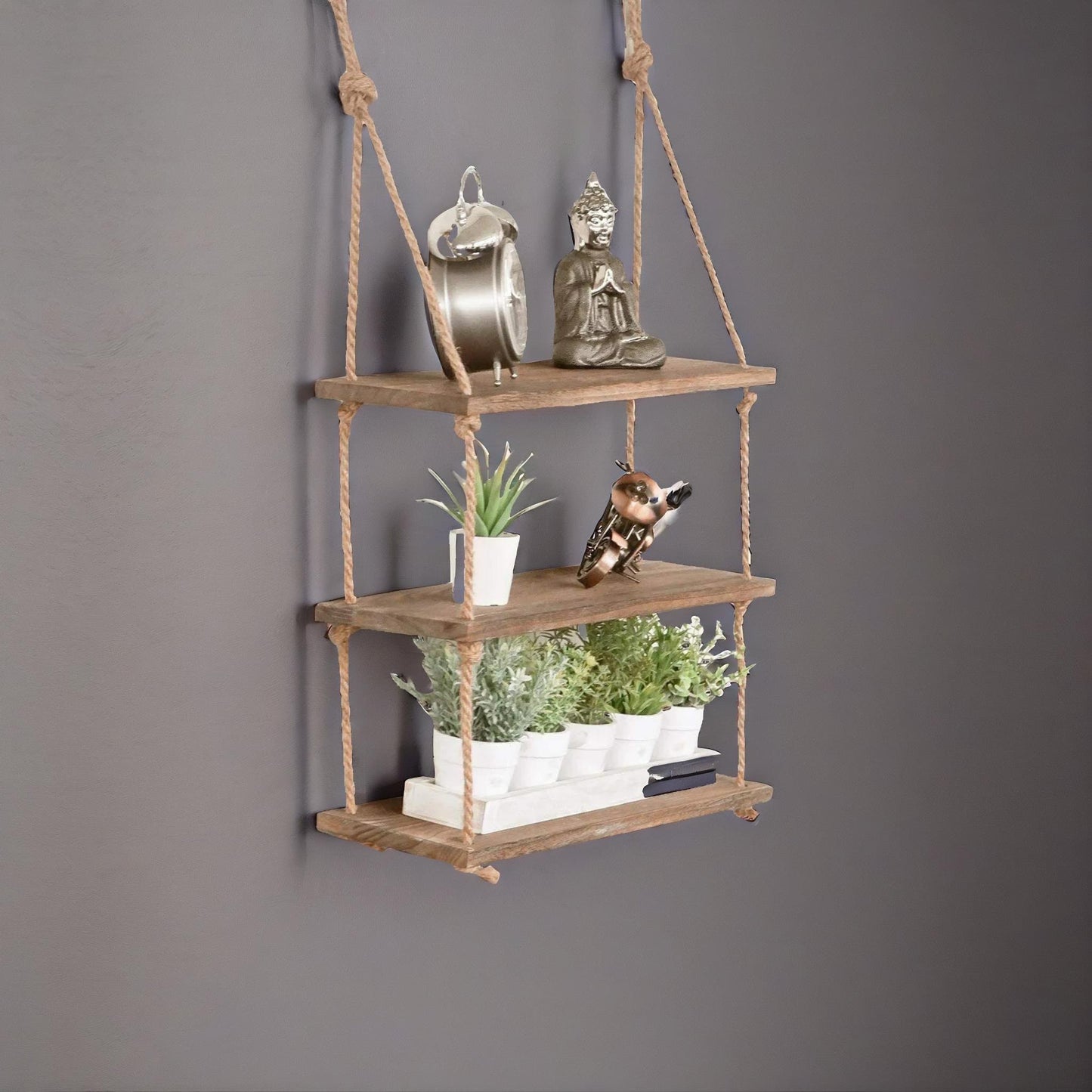 3 tier wooden hanging shelves with rope detail