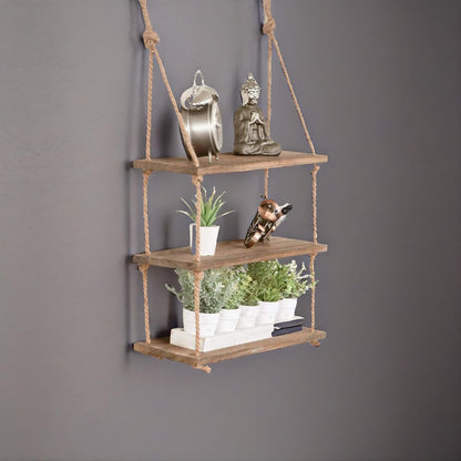 3 Tier Wooden Hanging Shelves With Rope Detail