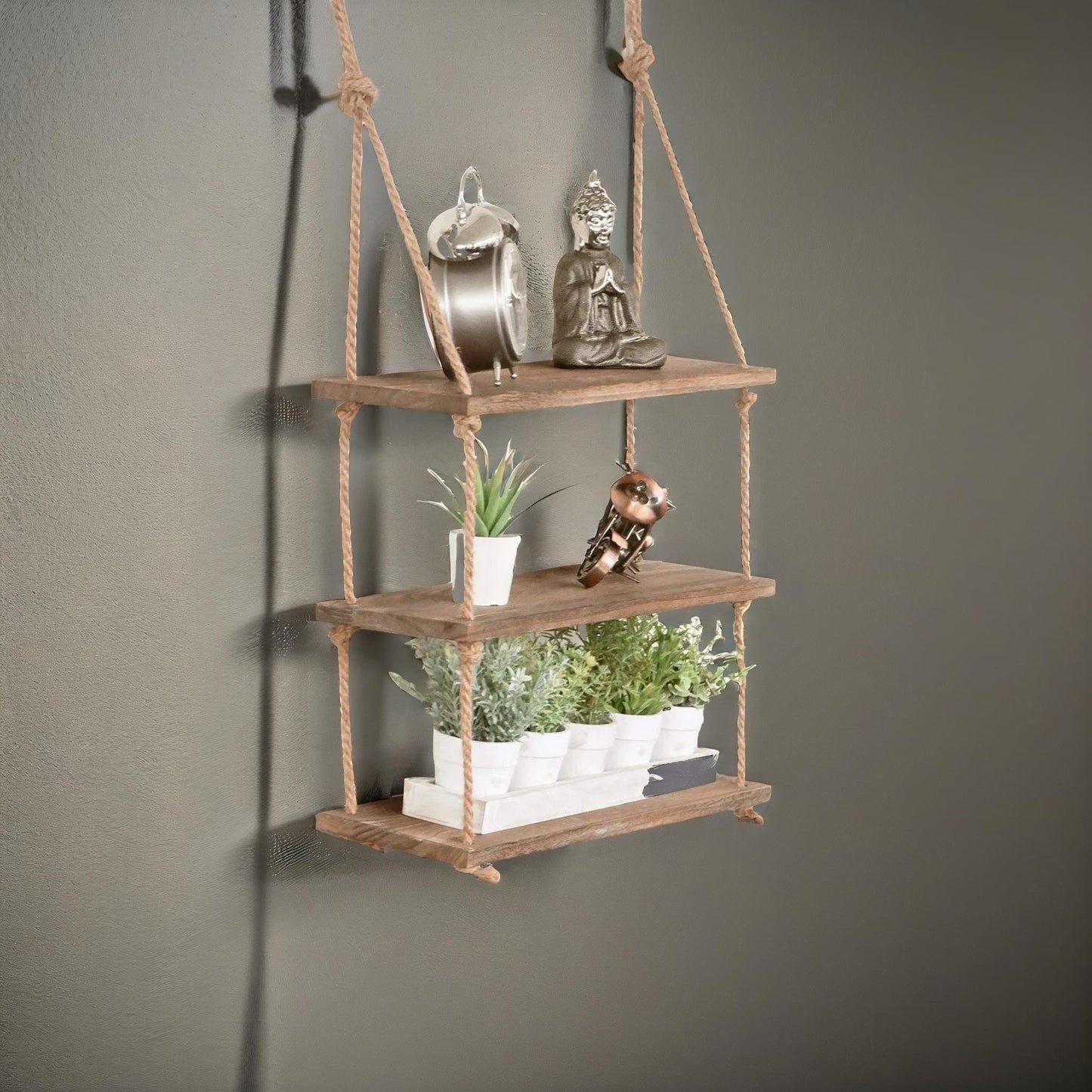 3 tier wooden hanging shelves with rope detail