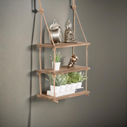 3 Tier Wooden Hanging Shelves With Rope Detail