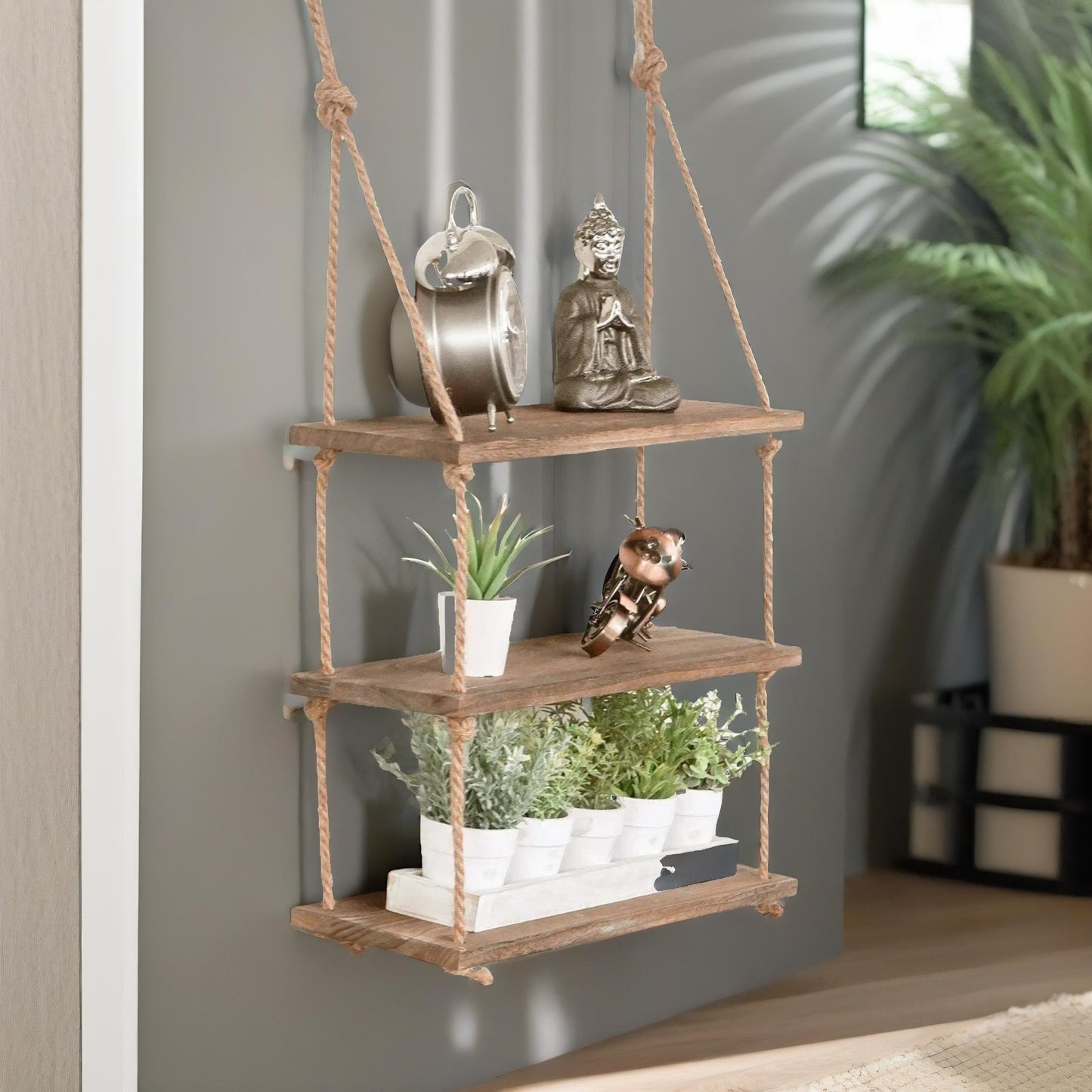 3 tier wooden hanging shelves with rope detail